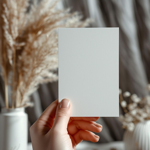 White card mockup in hand with blur background