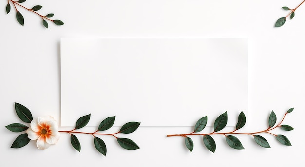 Photo white card mockup with green leaves and single flower