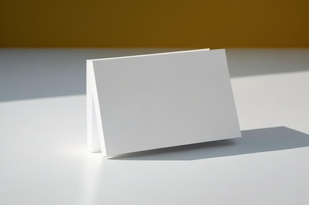 A white card sits on a white surface with the sun shining on it.