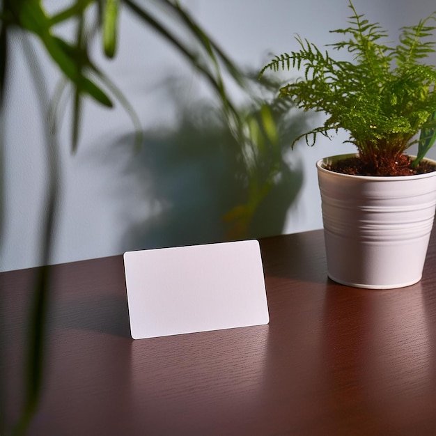 a white card on a table with a plant on it