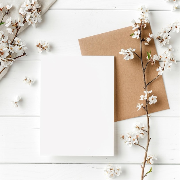 a white card with a branch of cherry blossoms on it