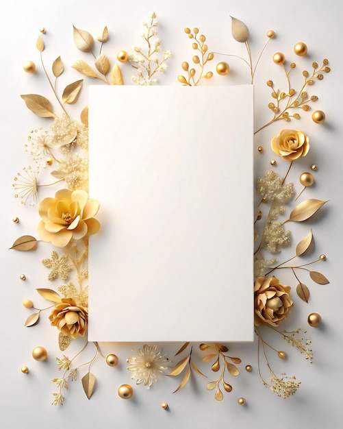 Photo a white card with gold flowers and gold flowers on a white background