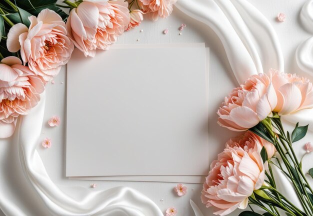 Photo a white card with pink flowers on it and a white card that says  the name