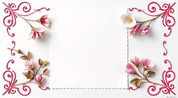 Photo white card with pink flowers and pink swirls on corners