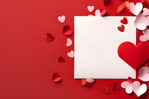 A white card with a red heart on it with a red background.