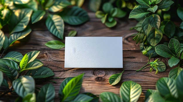 Photo a white card on a wooden table with green leaves and a white card on it