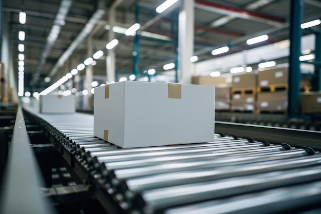 Photo white cardboard box on a conveyor belt in a warehouse