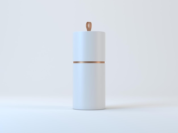 White cardboard Tube box Mockup cylindrical Packaging with golden loop 3d rendering