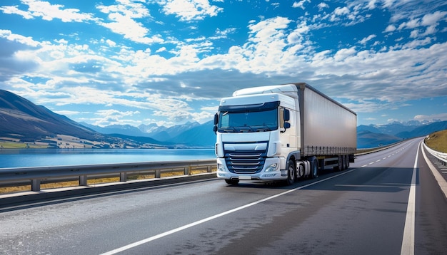 White cargo truck on highway amid mountains and blue sky epitomizing travel and transportation