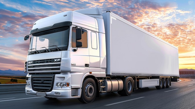 White cargo truck on highway in majestic mountains symbolizing harmony of human travel with nature