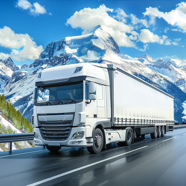 White cargo truck on highway through serene mountain landscapes symbolizing freedom and adventure