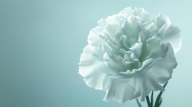 Photo white carnation flower on a pale blue background the petals of the flower are soft and delicate and the edges of the petals are slightly curled