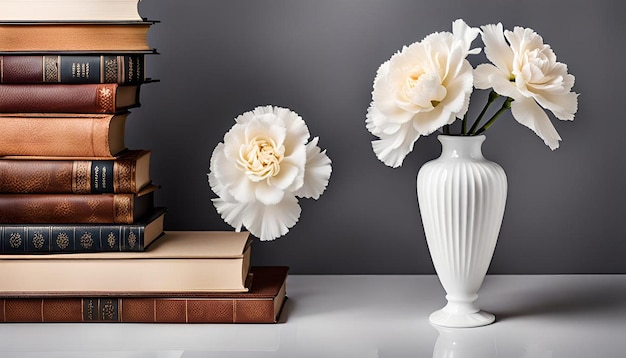 Photo white carnation vase on a stack of books design element