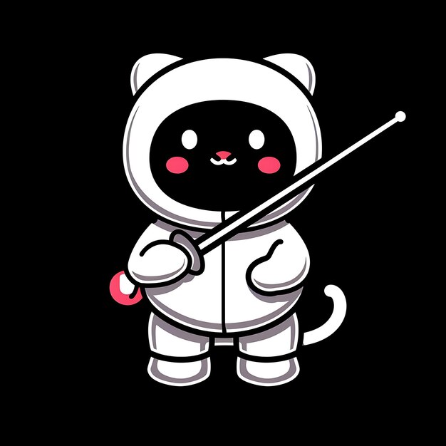 Photo a white cartoon cat with a black background with a stick in the middle of it