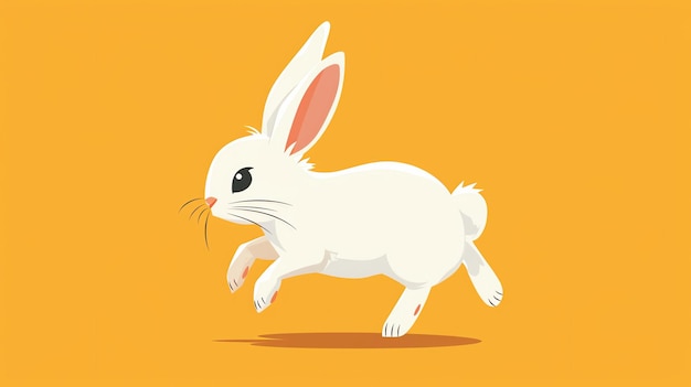 A white cartoon rabbit hops against a yellow background