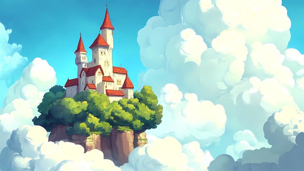 Photo a white castle with red roofs sits atop a floating island in the clouds