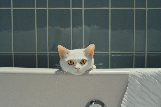 White cat in the bathtub with blue tile wall background stock photo