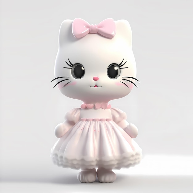 A white cat doll with a pink bow on her head.