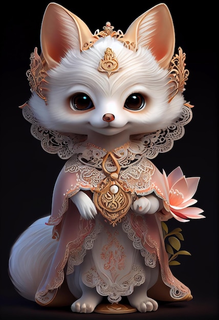 White cat dressed as a princess holding a flower generative ai