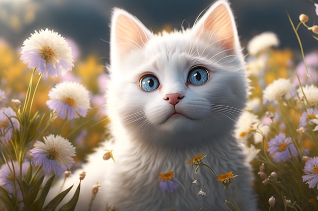 A white cat in a field of flowers