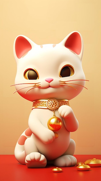 a white cat figurine with gold eyes and a gold necklace