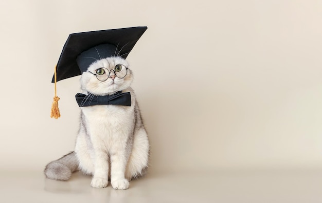 A white cat in a graduates hat and bow tie sitting on a beige background