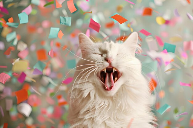 Photo white cat is laughing in front of colorful confetti