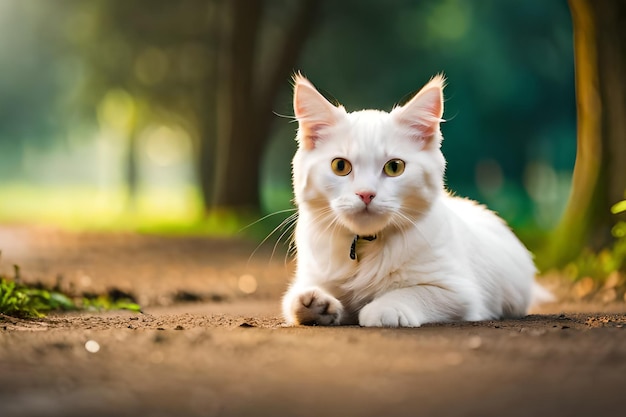 A white cat is laying on the ground in the sun