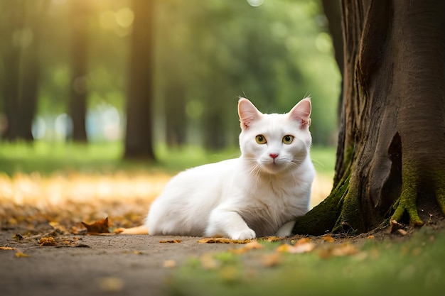 A white cat is laying in the park