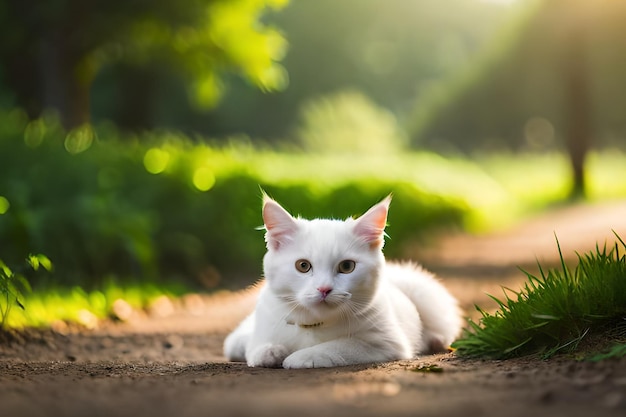 A white cat is laying on a path in the sun