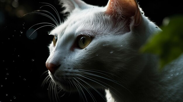 A white cat is looking into the distance.