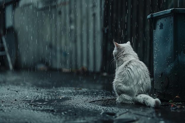 A white cat is sitting on the ground in the rain