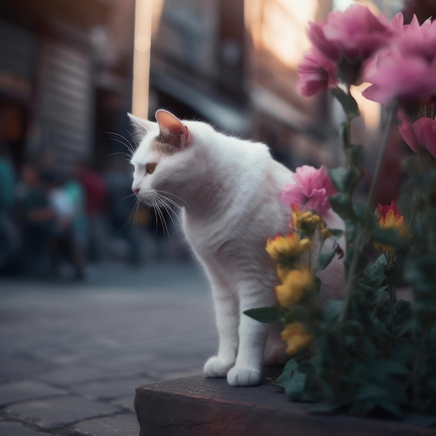 A white cat is sitting on a ledge next to some flowers.