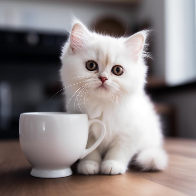 A white cat is sitting on a table next to a cup.