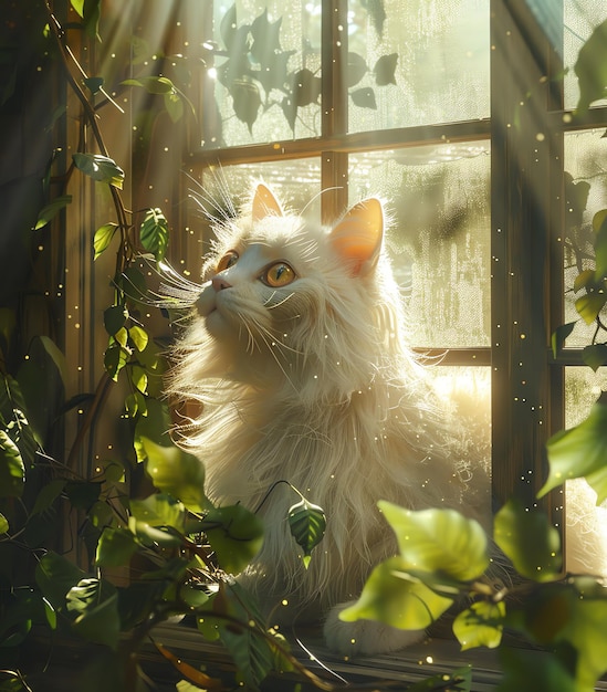 a white cat is sitting in a window with the sun shining through