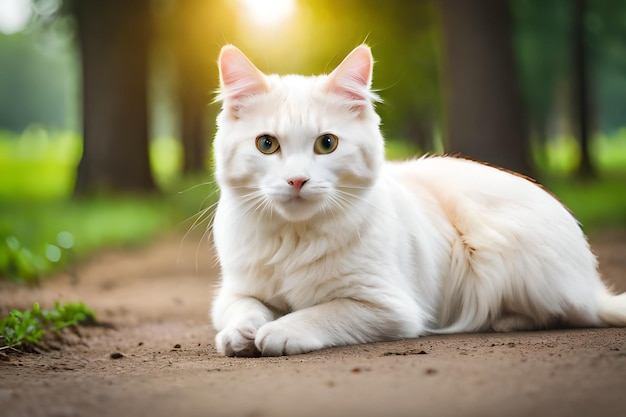 A white cat laying on a dirt road