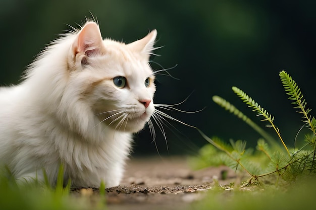 A white cat looking out of a field