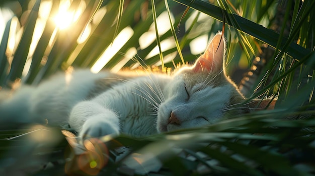 White cat lying under a palm tree outdoor setting with soft sunlight tropical and relaxed atmosphere detailed and sharp hd quality ar 169 Job ID 514735cd0f714ba9a31d4f6c236cbd6c