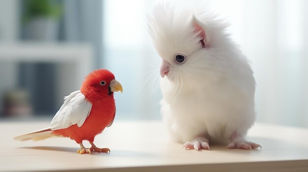 a white cat and a red bird looking at the camera.