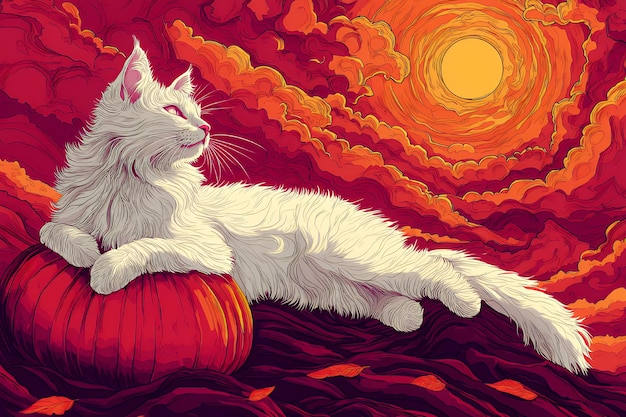 Photo white cat relaxing on a pumpkin in a dramatic sunset sky