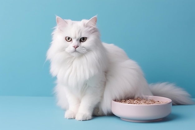 White cat sits and next to a bowl of food on a blue background free space on the side