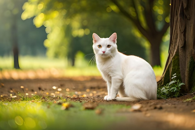 A white cat sits in the grass in front of a tree.