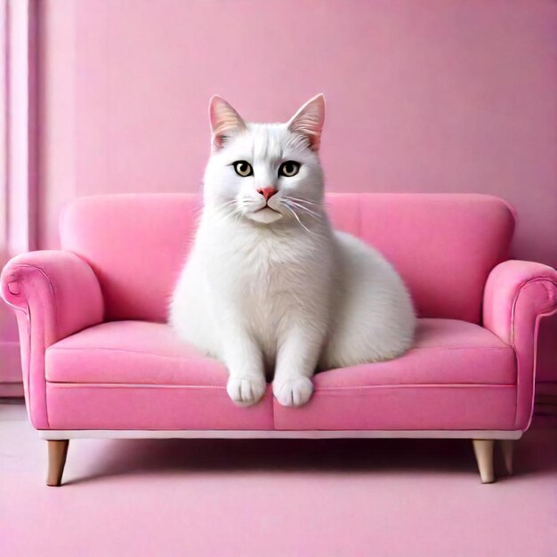 a white cat sits on a pink couch with a pink wall behind it