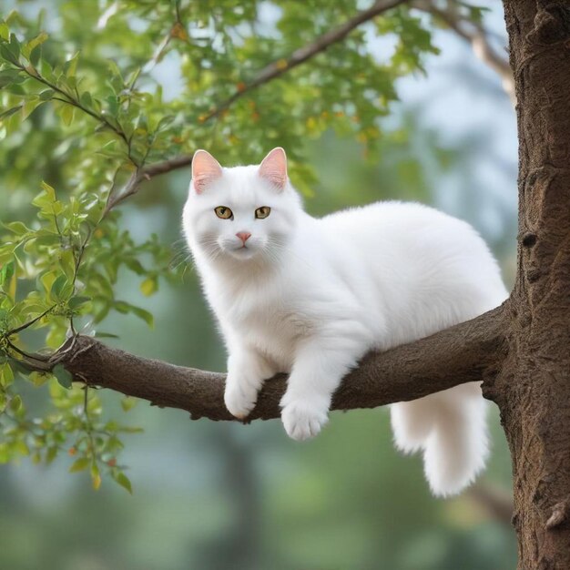 a white cat sits on a tree branch with green leaves