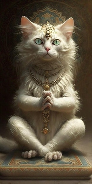 White cat sitting on a rug with gold crown its head generative ai