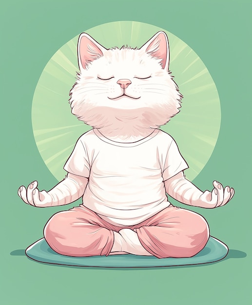 Photo a white cat sitting in a yoga pose with his eyes closed