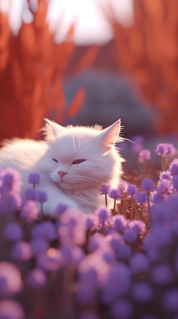 white cat sleeping in flowers