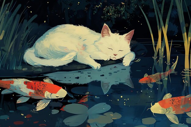 Photo a white cat sleeping a moonnight by a koi pond japanese illustration style