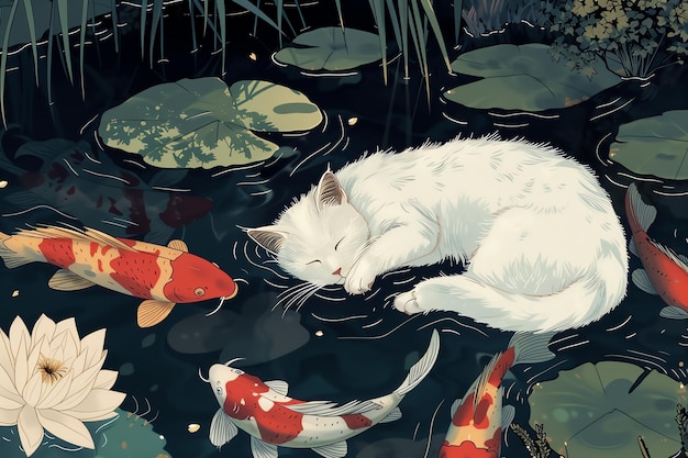 Photo a white cat sleeping a moonnight by a koi pond japanese illustration style