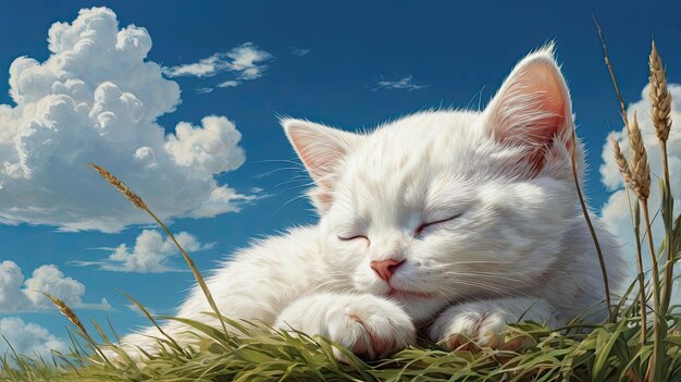 a white cat sleeps in the grass with clouds in the background